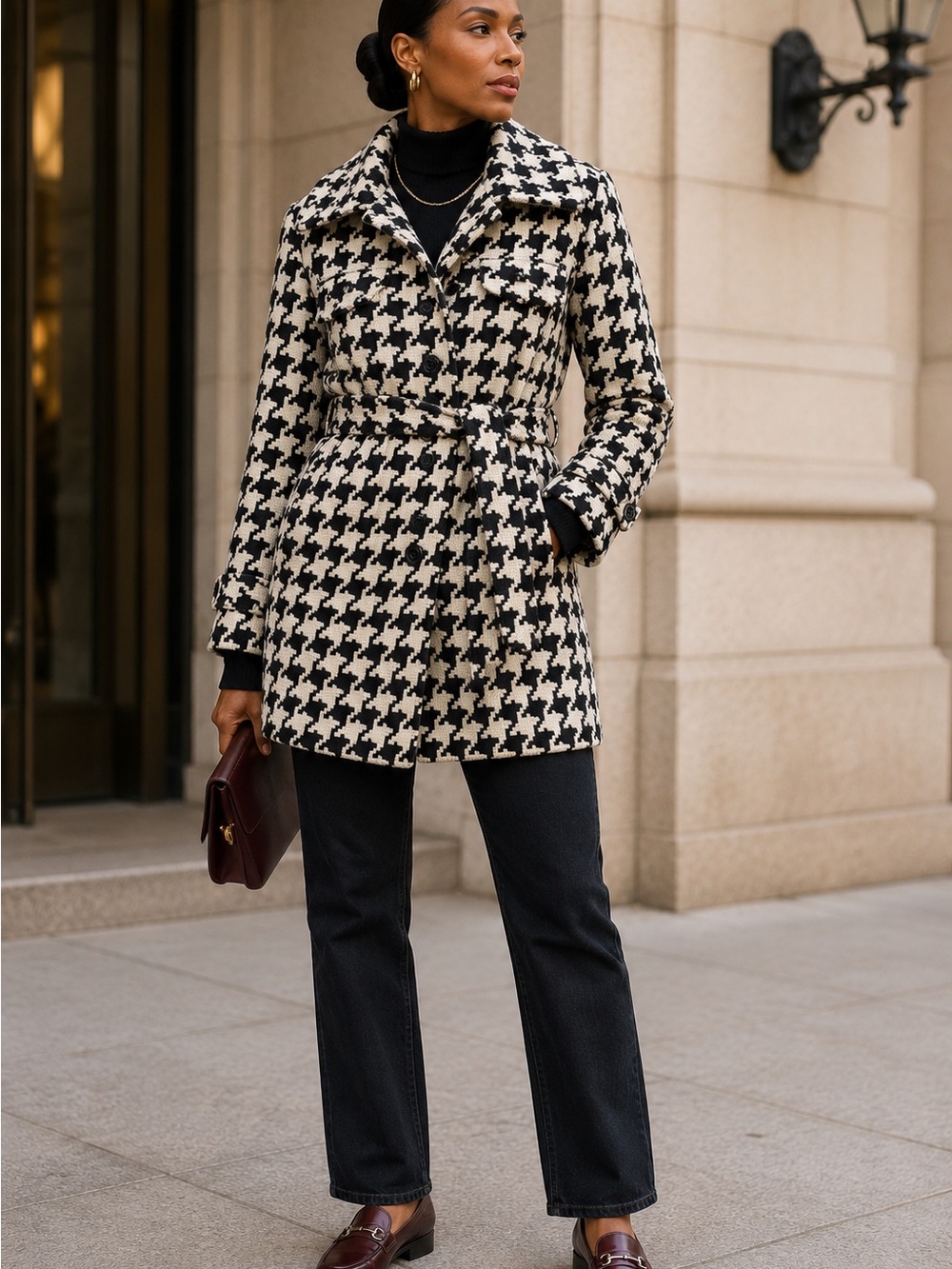 Tommy Hilfiger Houndstooth Wool Blend Belted Coat S/P